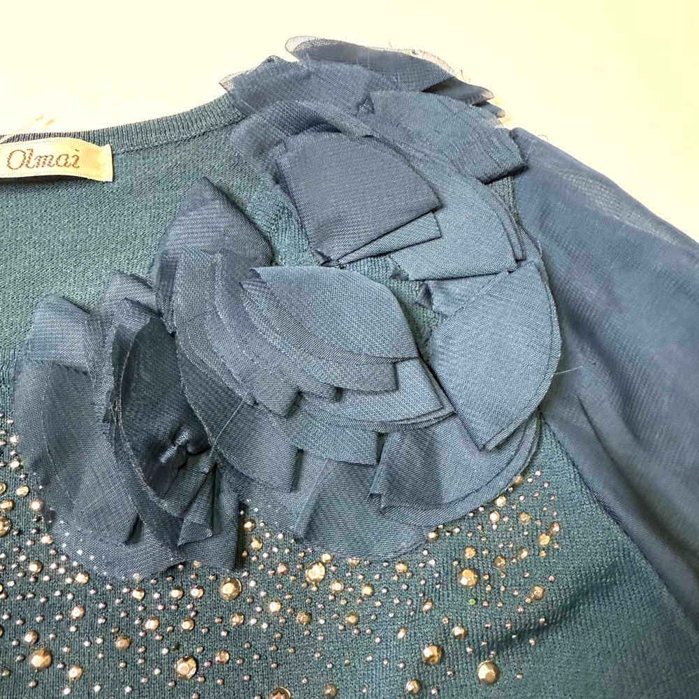 Vintage Leib Olmai Blue Studded Crew Neck Sweater with Bow Size Small - Picture 6 of 7